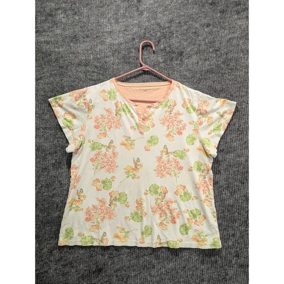 Cuddledown Women's Multicolor Floral 100% Pima Cotton Short Sleeve Blouse Size L - Picture 1 of 6